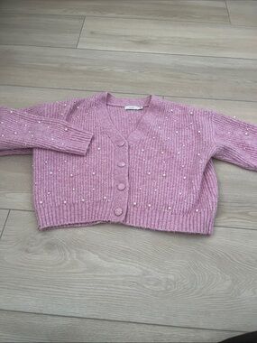Lush Pink Cropped Pearl-Embellished Cardigan